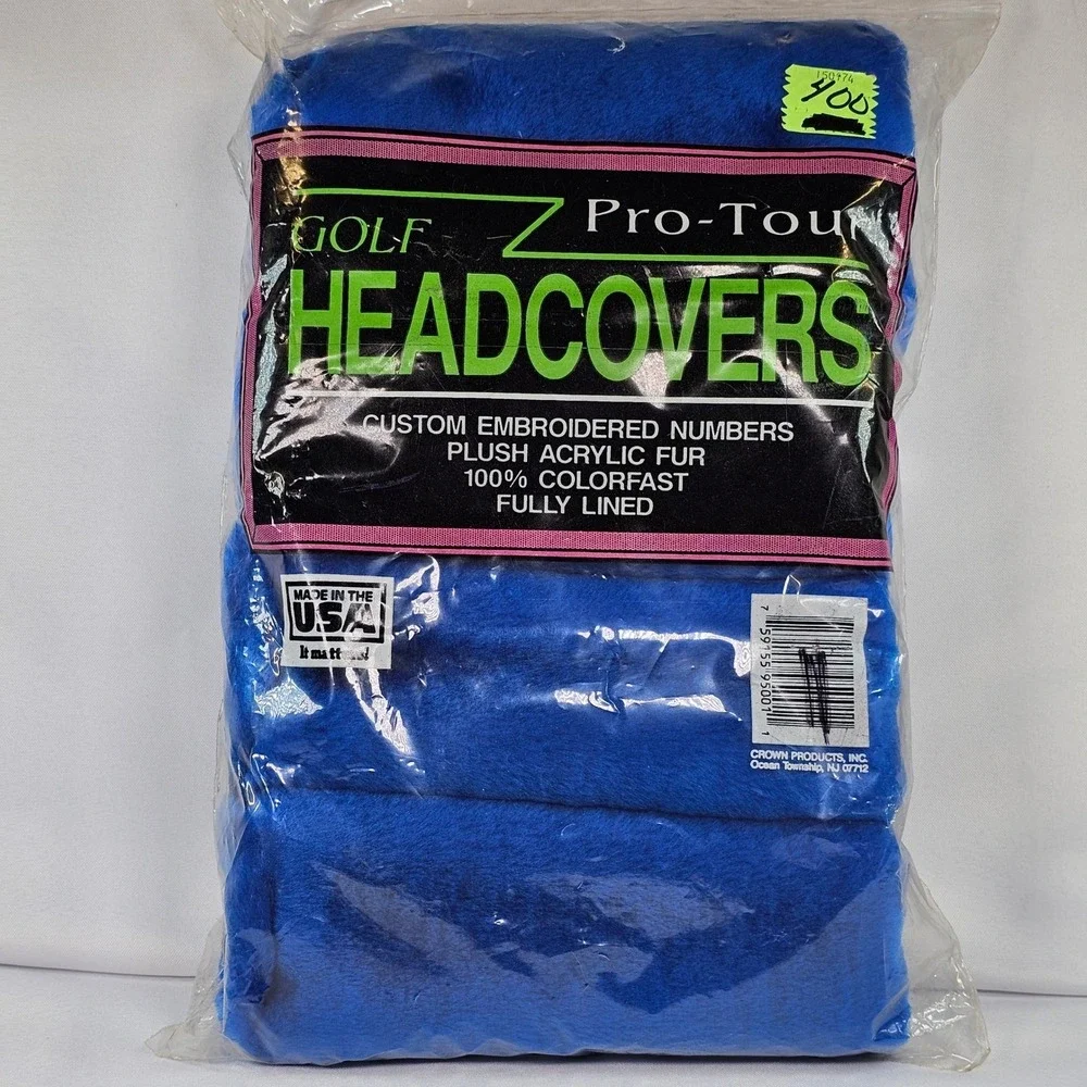 Vtg Crown Products Pro-Tour Golf Headcovers Blue Plush Acrylic Fur Made USA New